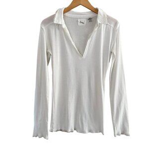 White Long Sleeve Tunic T Shirt By linQ Raw Hem Collar Size L Large Cotton